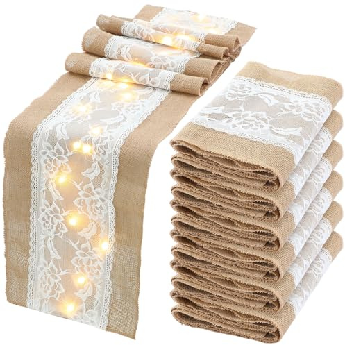 Xinnun Jute-Tischläufer mit warmen LED-Lichtern, rustikale Spitze, Hochzeits-Tischdekoration, Boho-Läufer im Landhausstil für Empfang, Brautparty, Party, lustig, 30,5 x 178,8 cm, 6 Stück