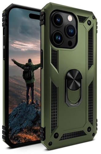 ONEFLOW für iPhone 15 Pro Hülle mit Handygriff Ständer, Outdoor Schutzhülle stoßfest Panzerhülle mit Kameraschutz, Handyhülle Hybrid TPU Case, Titan Cover, matt Grün