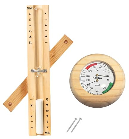 KEORHEZ 2 termometri per sauna digitale, rotazione della clessidra per sauna 15 minuti+termometro per sauna in legno 20-100°C, possono essere utilizzati insieme, montaggio a parete con 2 viti in