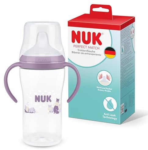 NUK Perfect Match Learner Bottle | 6+ Months | 260ml | Leak Proof Sippy Cup Toddler Bottle | Anti-Slip Handles | Hippo | 1 Count