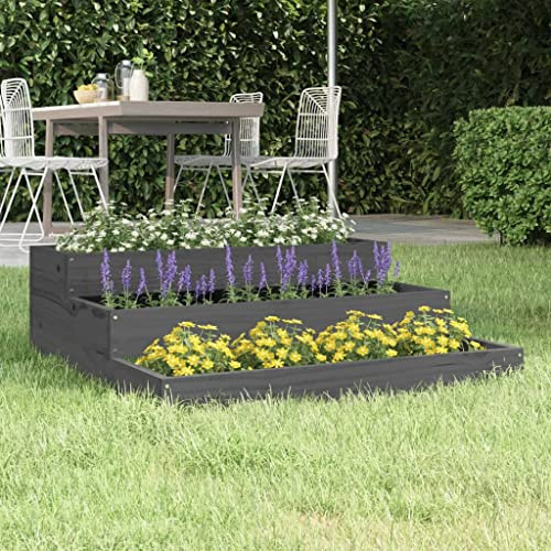 YUTAASU Fioriera in Legno di Pino Massello Grigio 78x78x27 cm con Design a Scala e 3 Profondità per Piante e Ortaggi - Struttura Robusta e Decorativa per Giardino