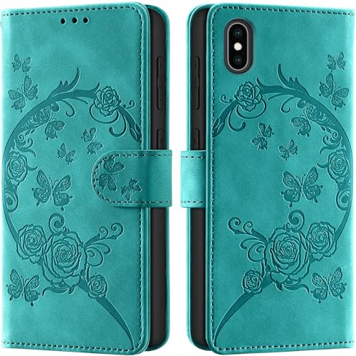CaseGla Handyhülle für iPhone X/XS Hülle, Türkis | RFID Schutz Kartenfach Standfunktion Prägung Schutzhülle Flip Case Magnet Stoßfeste Klapphülle