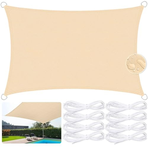JUQG Vela de Sombra Rectangular Impermeable 4x5m, 420D Oxford Toldos de Terraza, 95% Resistente a Los Rayos UV, Cortina de Sombra para Piscina, Jardín, Terraza, Parque, Campamento - Beige