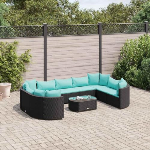 Owoxanthellate Ensemble de 10 canapés de jardin en polyrotin noir, 63 x 63 x 57,5 cm, modulable, avec table basse, plateau en verre, coussins rembourrés et résistants aux intempéries, pour balcon