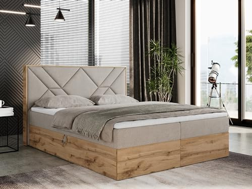 MKS MEBLE Boxspringbett 180x200 cm mit Kopfteil und Bettkasten, Polsterbett mit Hart (H4) Matratze und Topper Visco, Boxspringbett mit Massivholz und Kopfstütze - Gunar - Beige Struktur