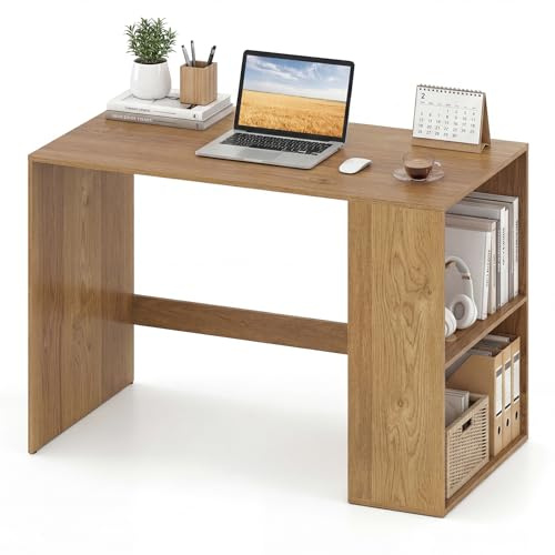 COSTWAY Bureau 112 x 60 cm, Table d'Ordinateur avec 2 Étagères Latérales Ouvertes & Plateau de Travail Spacieux, Poste de Travail en Bois avec Rangement, pour Bureau, Chambre (Naturel)