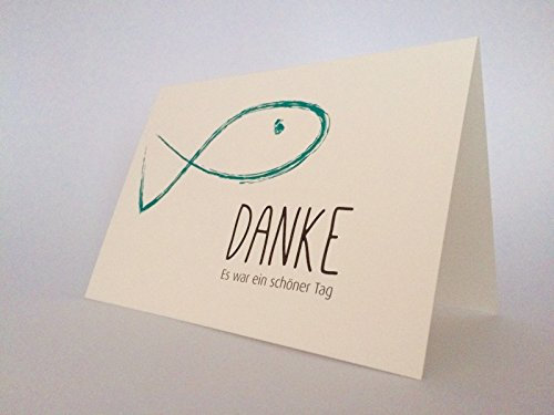 10 Hochwertige Danksagungskarten Doppelkarte -Klappkarte „Danke“ Konfirmation Fisch C6 mit farbigem Umschlag