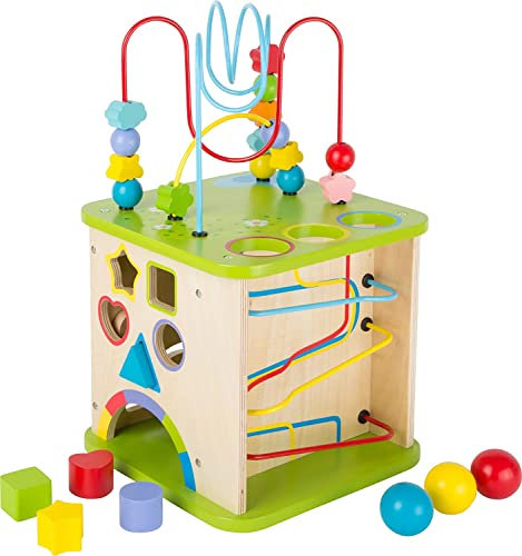 small foot Motorikwürfel aus stabilem Holz mit fünf Seiten Spielspaß, inkl. Motorikschleifen und Kugelbahn, 10605