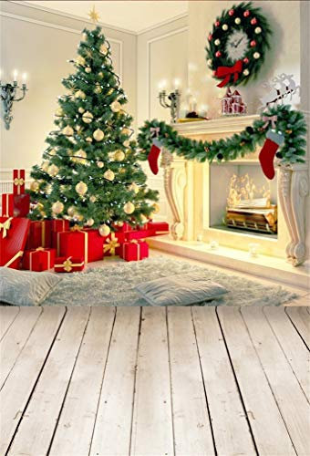 YongFoto 1,5x2,2m Vinyl Foto Hintergrund Weihnachten Innenausstattung Weihnachtsbaum Kamin Socking Fotografie Hintergrund für Fotoshooting Fotostudio Requisiten