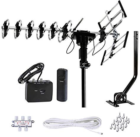 Five Star Antenne d'extérieur HD TV portée de 322 km avec rotation motorisée à 360°, radio UHF/VHF/FM avec télécommande infrarouge, kit d'installation et poteau de montage