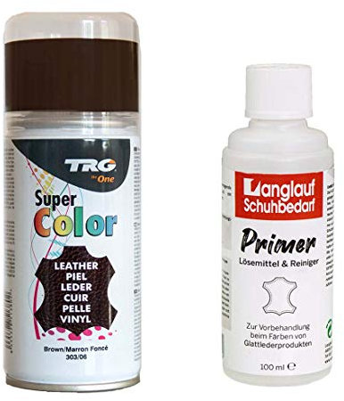 TRG Lederfarbspray 150ml Lederfarbe + Primer & Lederreiniger 100ml für Glattleder | Spray für Schuhe, Kunstleder & Stoffe, starke Deckkraft, viele Farben inkl. Metallic (braun 303/06)