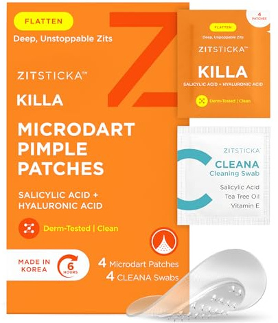 ZitSticka Killa Microdart Pimple Patches for Face - Most Potent Pimple Patch with Fast-Acting Microdarts - For Deep, Early-Stage Zits with Salicylic Acid - Regular 4 Count with Cleaning Swab