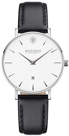 Kistanio Damenuhr Petit Edelstahl Saphirglas mit schwarzem Lederband SI-WH-L-BLK