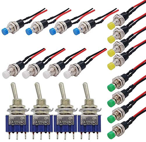 GTIWUNG 16 Stück Mini Druckschalter mit Vorverkabelt, Momentane Druckschalter Lockless, 2 Pins 1A AC250V/3A AC125V SPST ON/OFF Taste Schalter + 4 Stück Mini-Kippschalter für Arduino, 2 Positionen