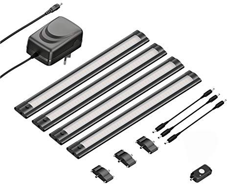 ledscom.de 4er Set LED Unterbau-Leuchte SIRIS schwarz matt mit Bewegungsmelder, flach, je 30cm, je 370lm, weiß