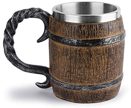 Yiida Jarra de cerveza de madera, 450 ml, simulación de barril de madera, vaso de cerveza de doble pared, vaso con aislamiento metálico