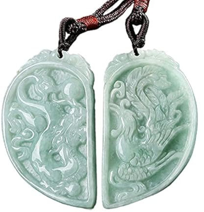 LXMYLI Grüne Echte Smaragd Jade Jadeite Geschnitzte Drachen Phoenix Double Couples Halskette Amulett Anhänger für Liebhaber Frauen Männer (Zertifikat, Set von 2)