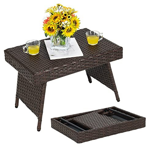 GOPLUS Tavolino Pieghevole in Rattan, Portatile e Salvaspazio, Portata di 45 kg, per Giardino, Cortile, Balcone, Piscina, 60x40x40cm, Marrone