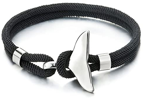 Zweireihige Schwarz Seil Armband, Herren Damen Armreif mit Edelstahl Wal Delfine Schwanz Hakenverschluss