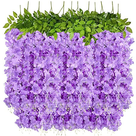 Aiishow Lot de 12 Artificielle Fleurs Faux Wisteria Vigne Soie Fleur Suspendue Guirlande, pour La Maison, Un Mariage, Un Jardin, Une Décoration Murale, Une Fête Arrangement Floral, (Violet)