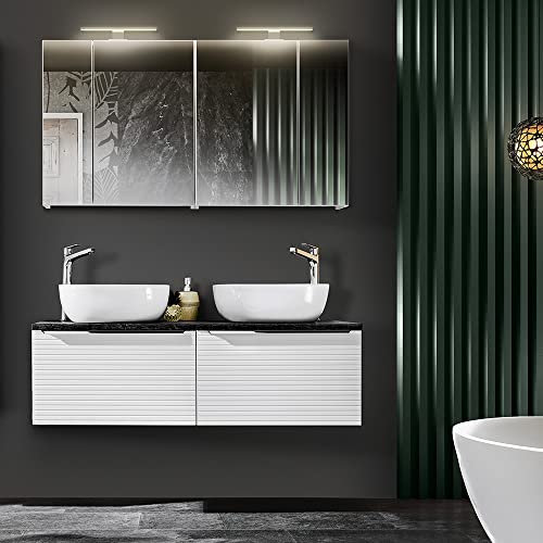 Lomadox Badmöbelset mit Doppelwaschtisch inkl. Keramikwaschbecken in weiß mit Sherman Oak Eiche anthrazit., 2X LED Spiegelschrank, B/H/T: ca. 120/200/46 cm