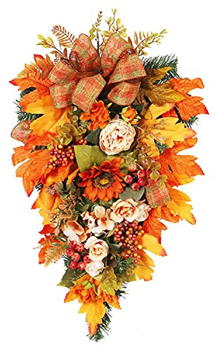Fall Harvest Swag Decorative Swag with Light, 21.7inch Front Door Swag with Fall Leaves Sunflowers berries for Thanksgiving Christmas Halloween Decor