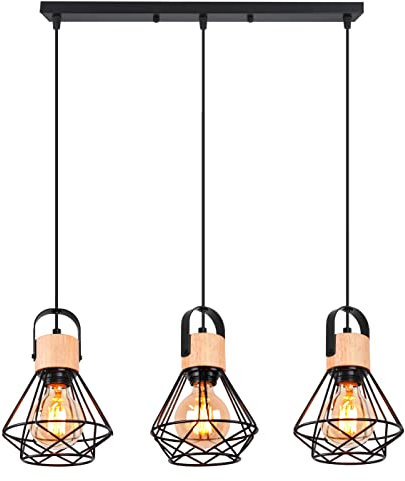 iDEGU 3-flammig Pendelleuchte Industrielle Hängelampe aus Holz und Metall Vintage Lampe mit 16cm Geometrischem Käfig Schwarz E27 Retro Hängeleuchte für Esszimmer Wohnzimmer Küche (3-flammig, Balken)