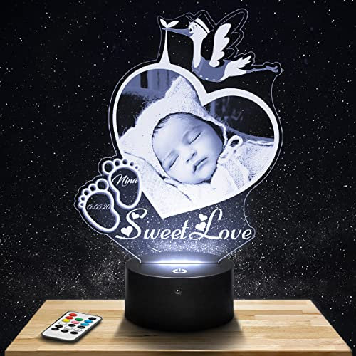 Lampephoto.fr Personalisierte Nachtlicht LED Storch für baby mit foto. Geschenk baby Nachtlicht 7/16 farben touch dimmbar. Babyzimmer Deko. Geburtsgeschenk. Taufgeschenk Geschenke baby nachtlampe.