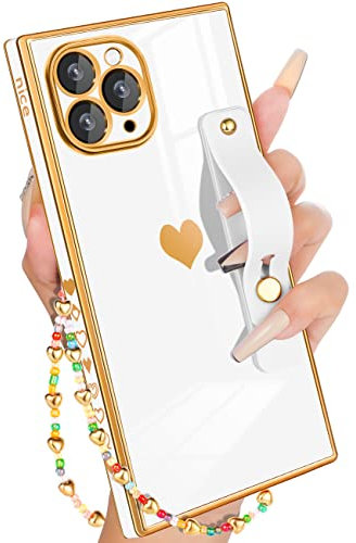 Petitian for iPhone 11 Pro Max Square CaseLoopy Stand/Strap, Luxury Cute Women Girls Heart Electroplated Designer Squared Edge Phone Cases for 11 Pro Max, White