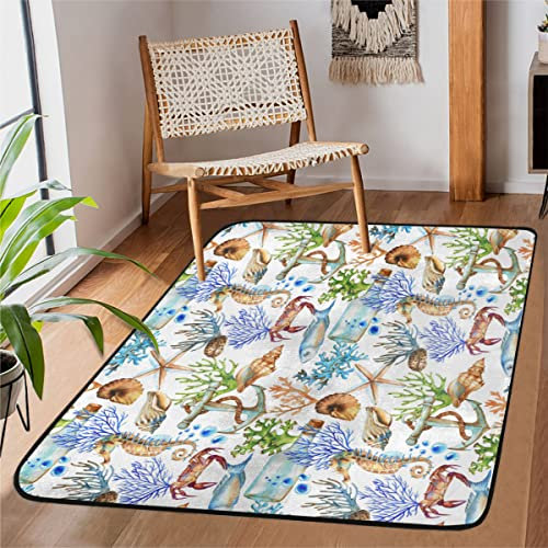 TropicalLife Seepferdchen, Krabben, Anker, Muschelbereich, Teppiche, Ozean, Meeresmotiv, Bodenmatte, rechteckig, f¨¹r Schlafzimmer, Kinderzimmer, Wohnzimmer, Esszimmer, K¨¹che, 99 x 152 cm