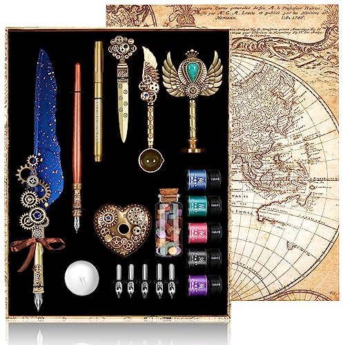 MPRINCE Federkiel und Tinte Set, Feder Feder Tinte Set enthält Federkiel, Holzstift, 5 austauschbare Federn, 5 von Tinte, Siegel, Wachsperlen, Umschlag und Briefpapier etc-Blau
