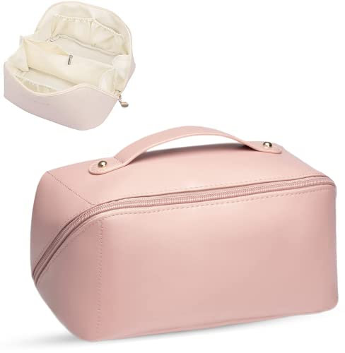 Large Travel Cosmetic Bag Cosmetic Organizer High Capacity Makeup Bag Storage Pouch PU Leather Makeup Box for Women Girls (Pink)