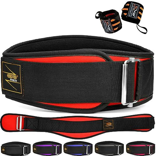 EVO Fitness Weight Lifting Belt AUTO LOCK 6.5” Neoprene Padded Back Lumbar Support Gym Training Exercise Workout Bodybuilding Powerlifting Deadlifts Squats with 18 Wrist Wrap (Large, Red)
