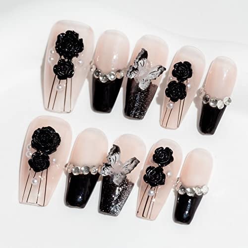 Sun&Beam Nails Handmade Long Coffin Ballerina Nude False Nail Tips with Cute 3D Black Flower Butterfly Diamond Popular Charm Design Press On Nails 10 Pcs (#69 L)
