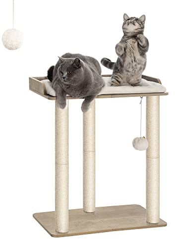 FourFurPets Albero per Gatti Alto 68 cm, Tiragraffi per Gatti, con Tre Pali Graffiatoi in sisal da 60 cm, 56x40 cm piattaforma Grande, Pompon, Greige