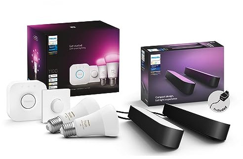 Philips Hue White & Color Ambiance Starter Kit 2 Lampadine Smart, Attacco E27, 9W, Hue Bridge e Telecomando Smart Button inclusi White and Color Ambiance Lampada da Tavolo LED Smart Play