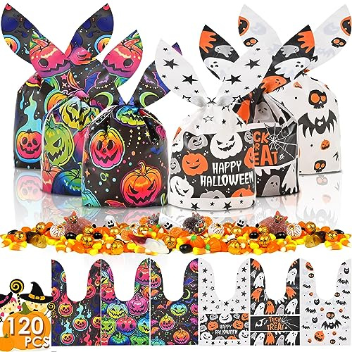 AhfuLife 120 Stück Halloween Süßigkeit Tüten, Halloween Bonbontüten Tüten mit Hasenohren Süßes oder Saures Geschenktüten für Schaurige Atmosphäre Party Deko Zubehör