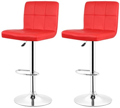 Homewell Barhocker mit Lehne 2er Set, Weiche Kissen PU-Leder Sitz 360° Drehstuhl Höhenverstellbar, Metall Barstuhl Basis mit Fußstütze (2, Rot)