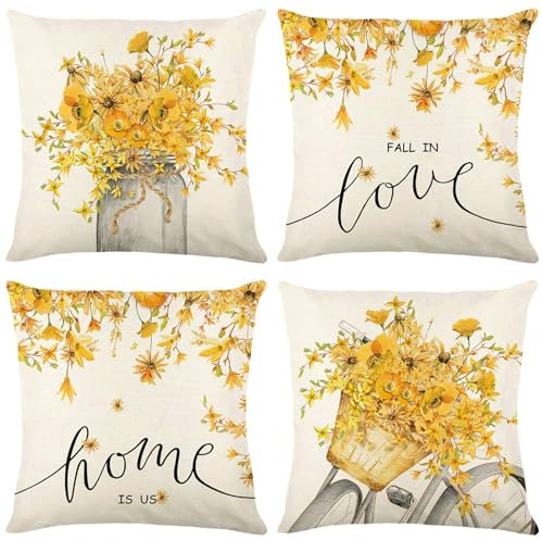 Gualiy 4er Set Kissenbezug, Zierkissenbezüge 40x40 Herbst Thema mit Blumen Muster Kissenhülle für Sofa Schlafzimmer Auto Set