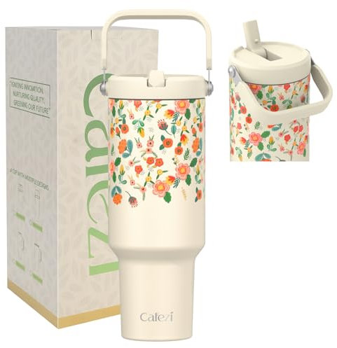Cafezi 1,2 l Becher mit Deckel und Strohhalm, vakuumisolierter Edelstahlbecher mit Klapp-Trinkhalm und Tragegriff oben, wiederverwendbar, isolierte Wasserflasche für Zuhause, Büro, auslaufsicher,