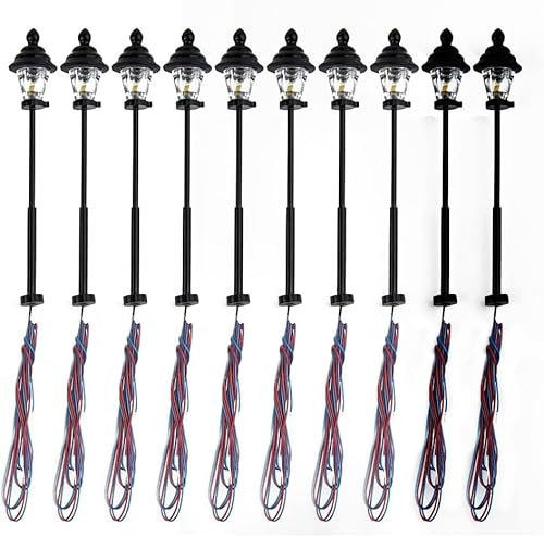 YUETTYY 10 Stück Modelllaternen, Lampen, Eisenbahn-LED-Lampenpfahl, Parklaternen, Lampen, Straßenlaternen, 45 mm, N-Messstab, Modelleisenbahn, 1:160 Bonsai-Dekor, 3 V, 20 mA, mit 10 Widerständen