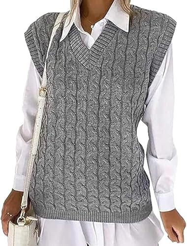 Women's Ladies Cable Knit Sleeveless Vest Knitted Jumper V Neck Tank Top Chunky Sweaters Pull Over Casual Plus Size 8-22 UK (Grey, 16-18)