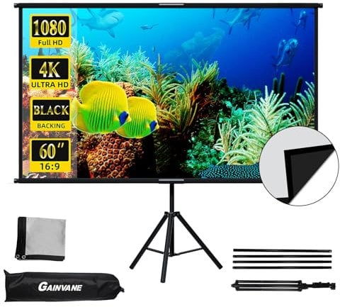 Pantalla de proyector con soporte de 60 pulgadas, pantalla de proyección interior con respaldo negro, pantalla de trípode HD 16:9 sin arrugas para dormitorio, caravana, noche de cine