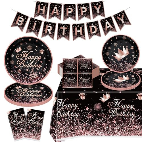 123 Pack Black and Rose Gold Party Supplies Pink Birthday Party Decorations Set Black Rose Gold Happy Birthday Supplies Include Plates, Napkins, Banner, Tablecloth for 40 Guests