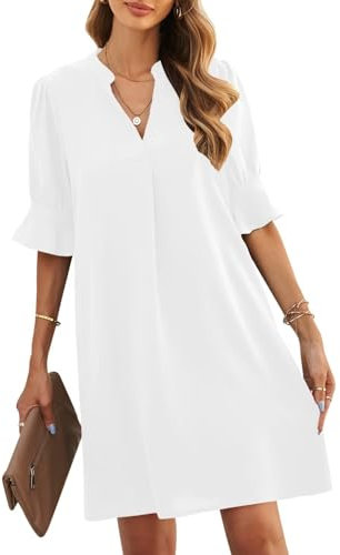 ANFTFH Frauen V-Ausschnitt Halbarm Hemdkleid Elegant Sommer Casual Einfarbig Kurzes Kleid Weiß L