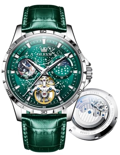 OLEVS Herren-Automatikuhr, Sternenhimmel, Skelett, Tourbillon, selbstaufziehend, mechanische Armbanduhr, wasserdicht und leuchtend, Edelstahl, Präzisions-Uhrenarmband