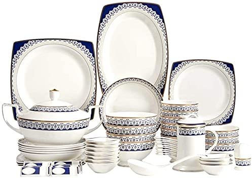 Set di stoviglie Set di piatti, 60 pezzi Bone China in stile nordico blu e bianco e servizio di stoviglie dal design di lusso per 8 persone