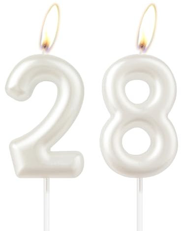 Perlweiße Geburtstagskerze, weiße Happy Birthday Zahl 28 Kerze, Kuchen-Kerzenaufsatz für Mädchen, Hochzeitstag, Gedenken