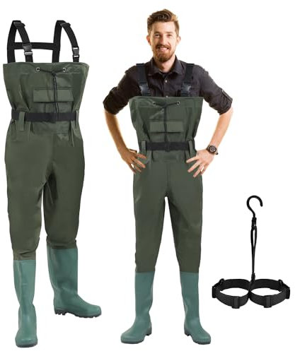 Yakimz Wathose Herren Anglerhose, 70 Denier Nylon, PVC Angelhose, wasserdichte Fischteichhose mit Gummistiefeln, Bund, Taschen und Haken, für Angeln, Bauernhöfe, Gärten
