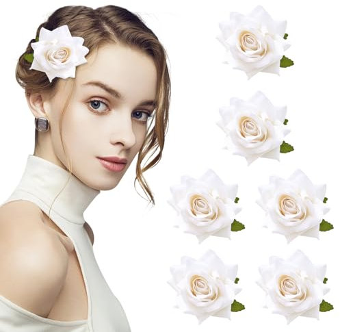 Winmany Haarspangen mit Rosen, für Damen und Mädchen, Blumen-Haarnadel, Brosche, Kopfschmuck, Blumen-Haarschmuck, Dekoration, Hochzeit, Party, Muttertag, Weiß, 6 Stück